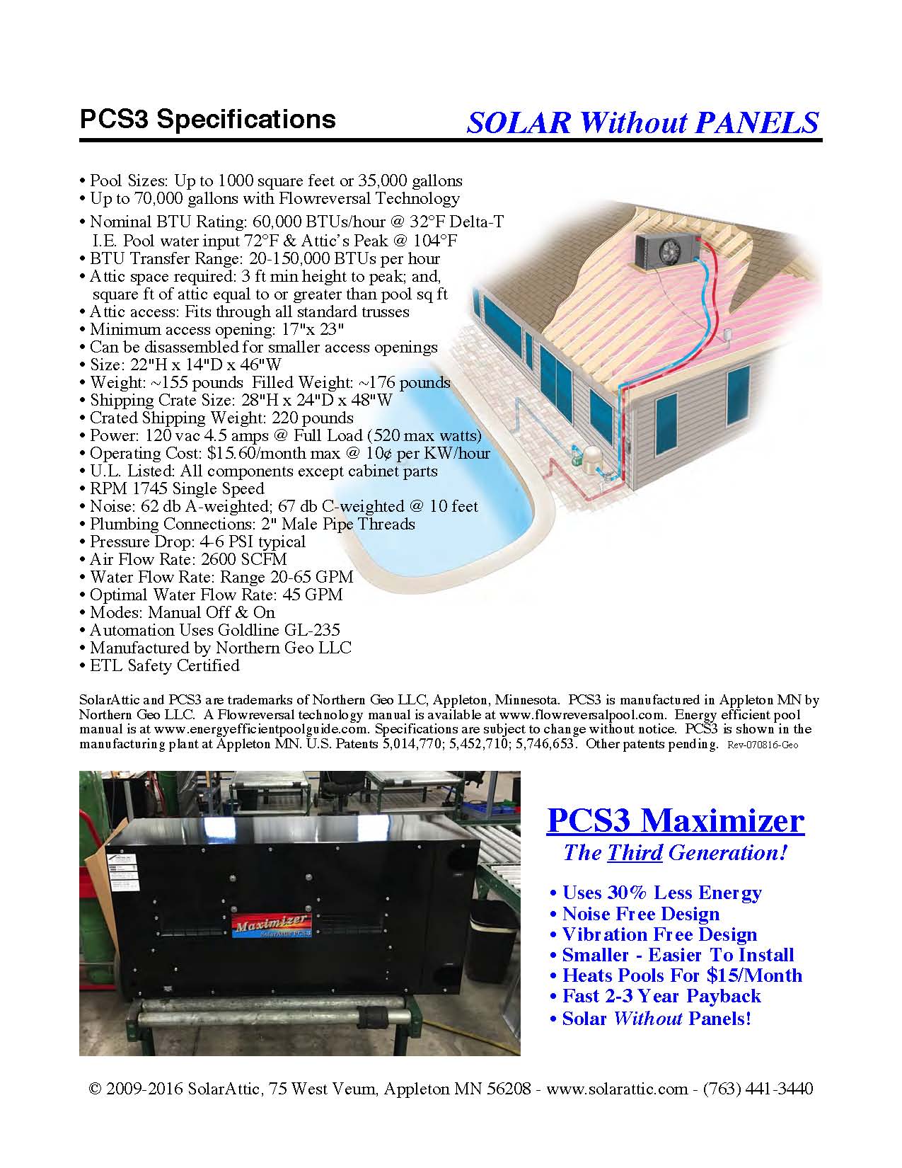 Image of the third generation attic solar pool heater model PCS3 specifications