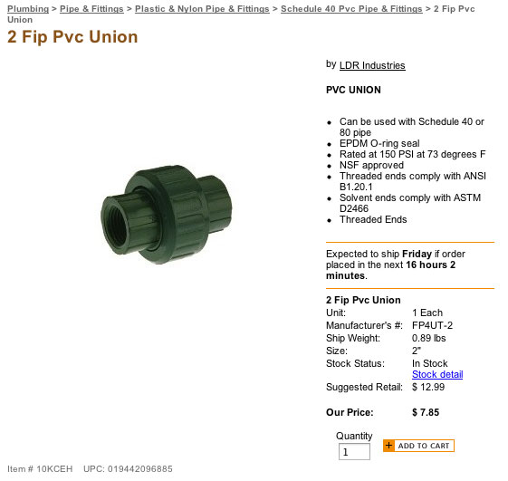 LDR female pipe fitting Union for use on the PCS3 solar pool heater