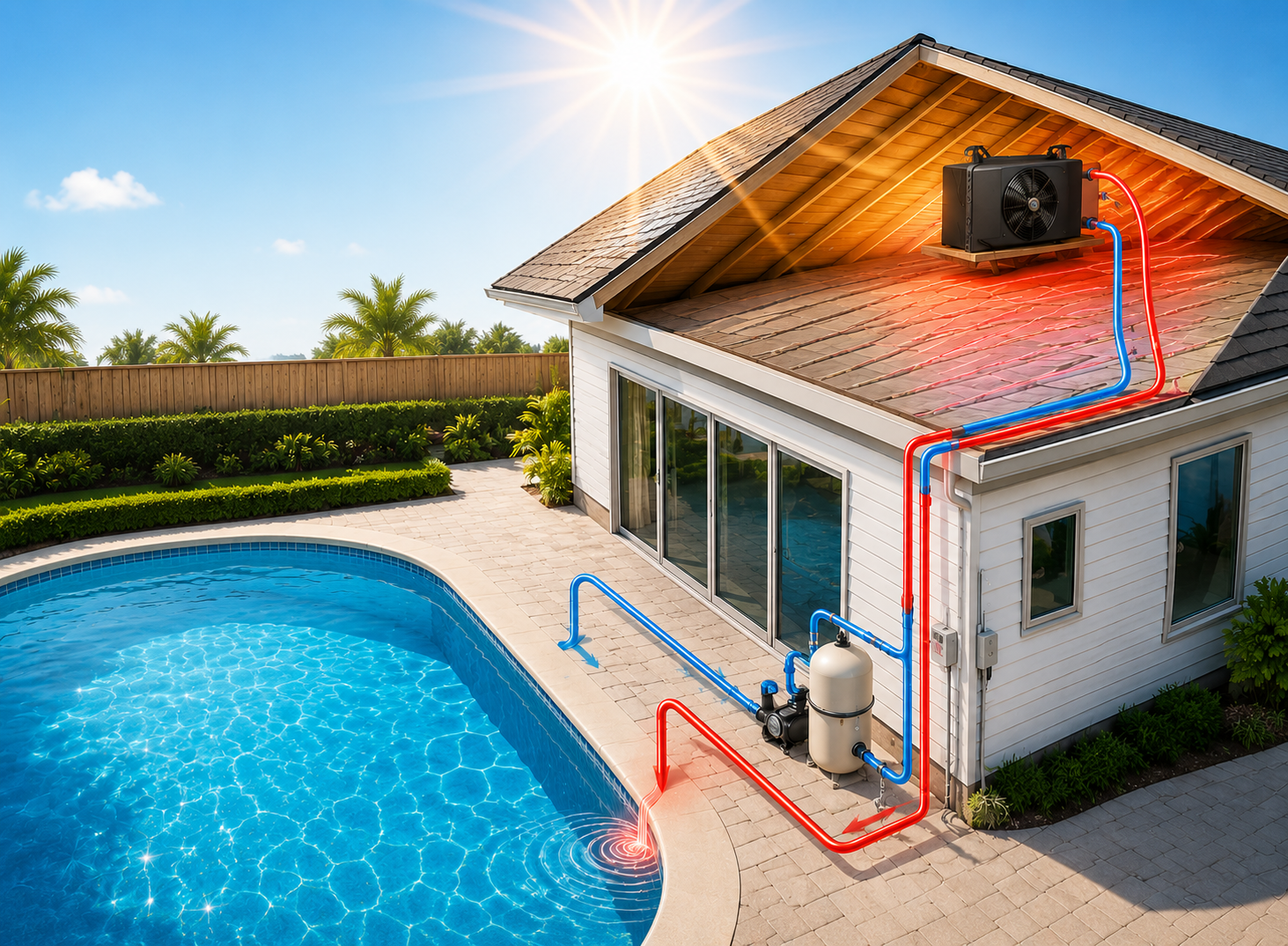 Diagram of SolarAttic PCS4 using attic heat to warm swimming pool water