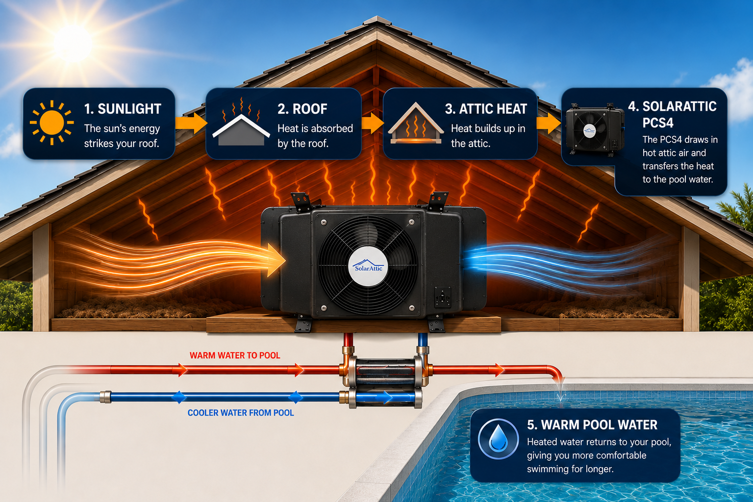 Diagram style image of SolarAttic solar pool heating using attic heat to warm swimming pool water
